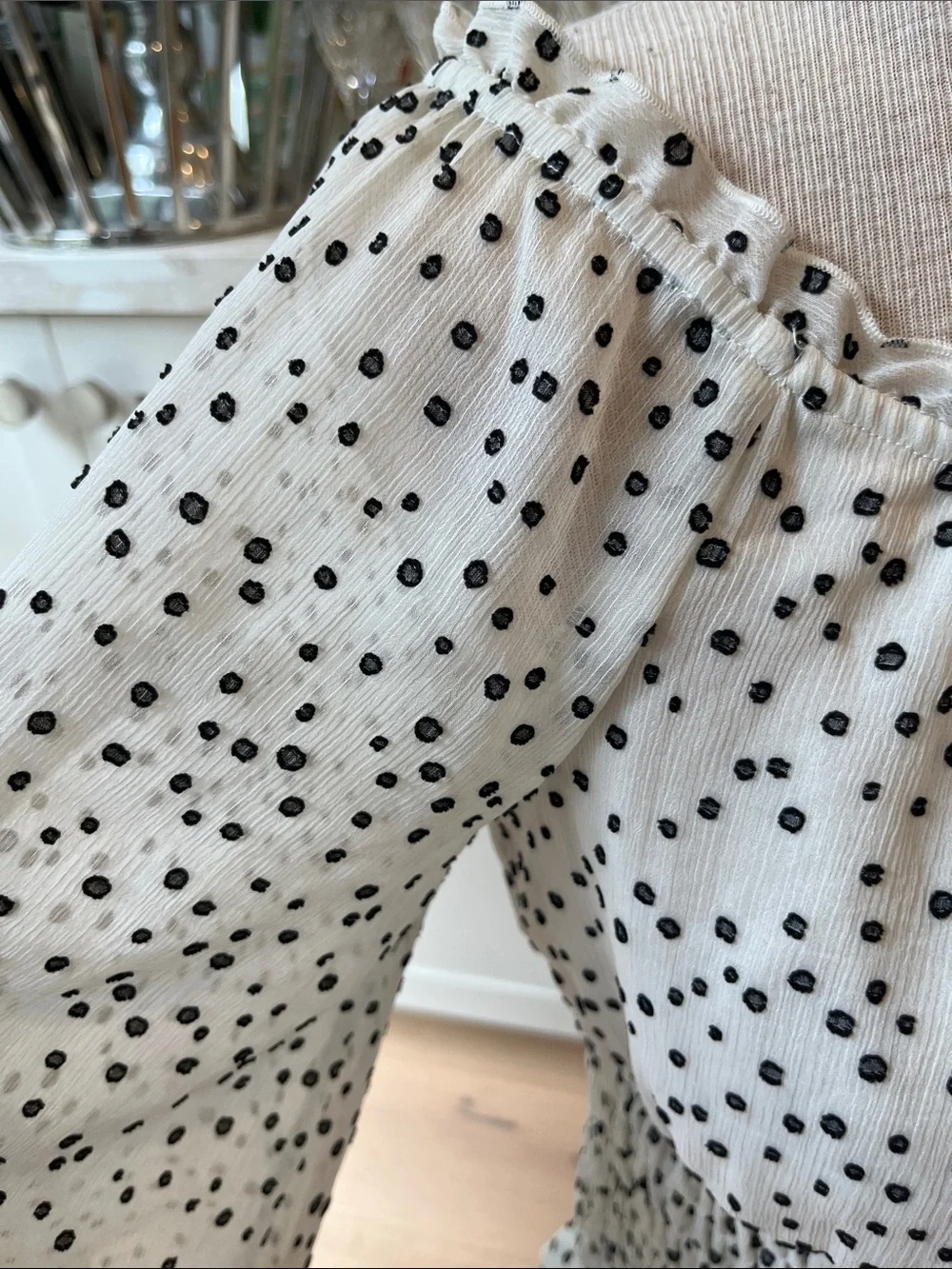 Anthropologie Lucia Cream with Black Polka Dot’s Wide Smocked Waist Top - Picture 3 of 10